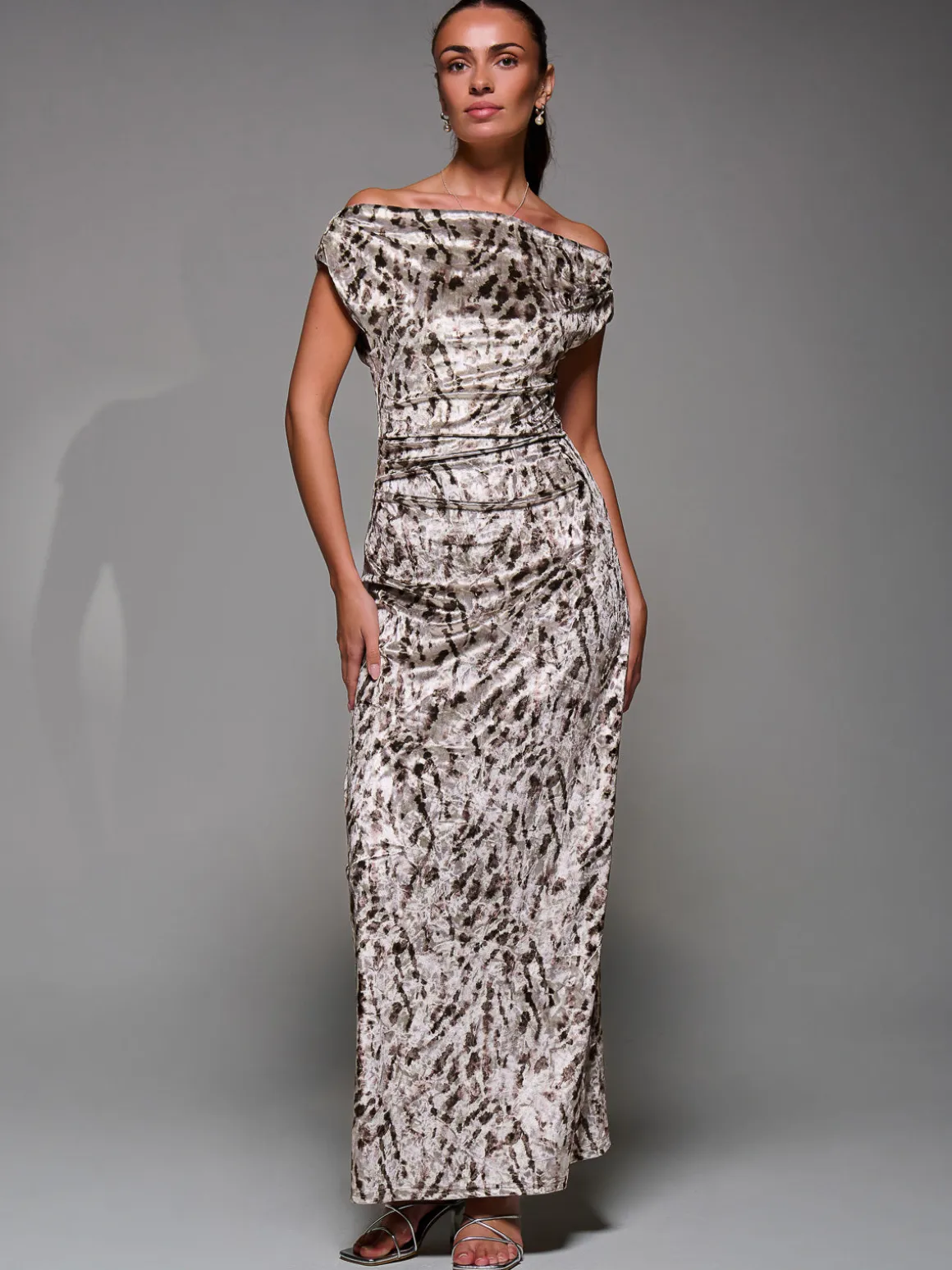 Printed Velvet Draped Maxi Dress, Neutral Animal