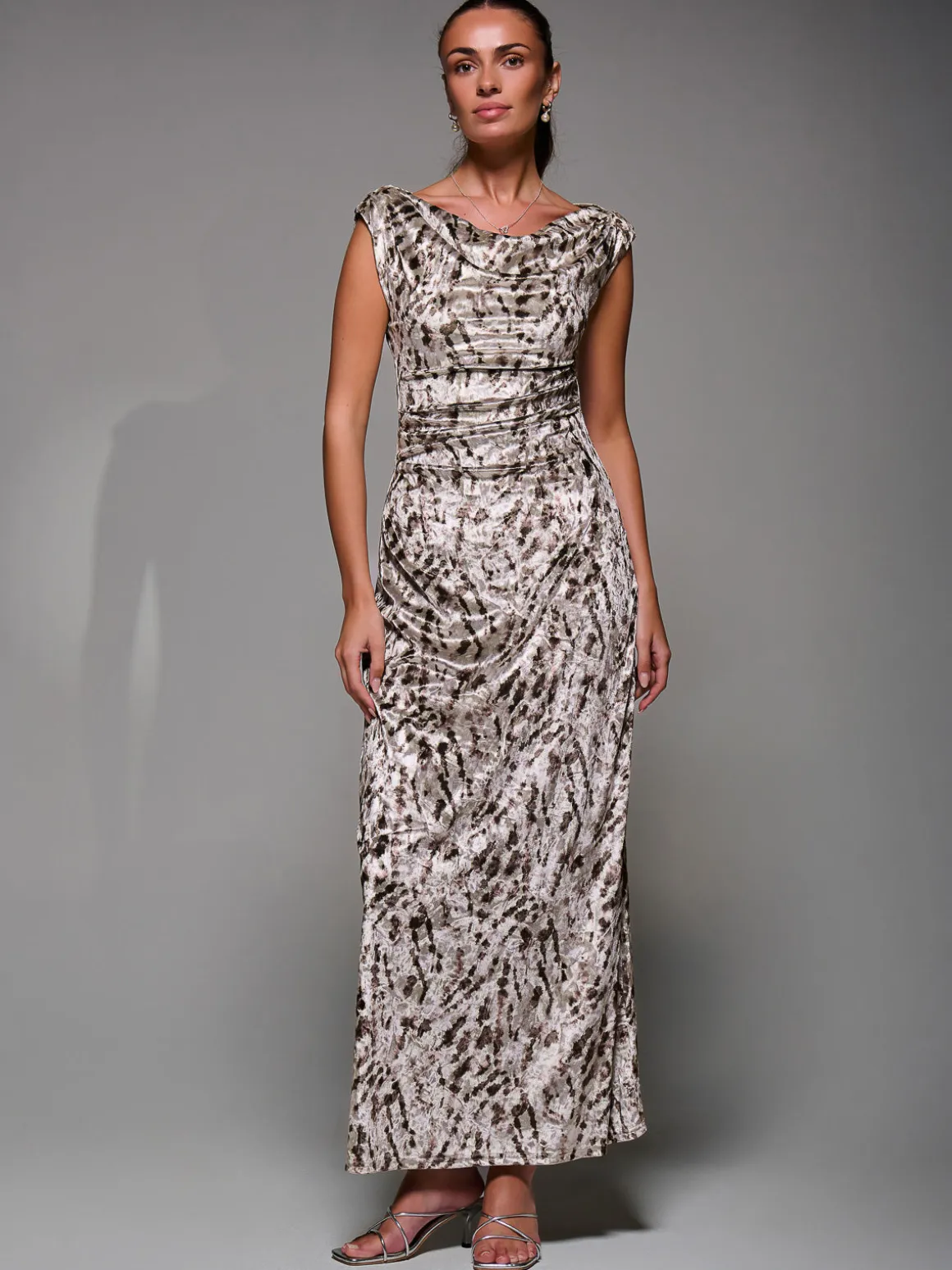 Printed Velvet Draped Maxi Dress, Neutral Animal