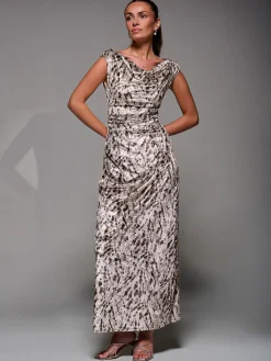 Printed Velvet Draped Maxi Dress, Neutral Animal