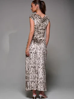 Printed Velvet Draped Maxi Dress, Neutral Animal