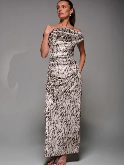 Printed Velvet Draped Maxi Dress, Neutral Animal