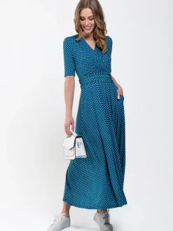 Printed Viscose Crossover Maxi Dress, Blue Geo