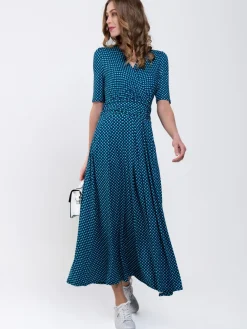 Printed Viscose Crossover Maxi Dress, Blue Geo