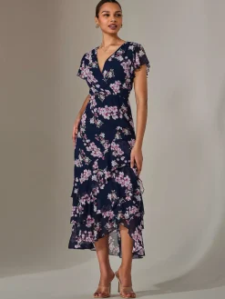 Printed Wrap Ruffle Maxi Dress, Navy Floral