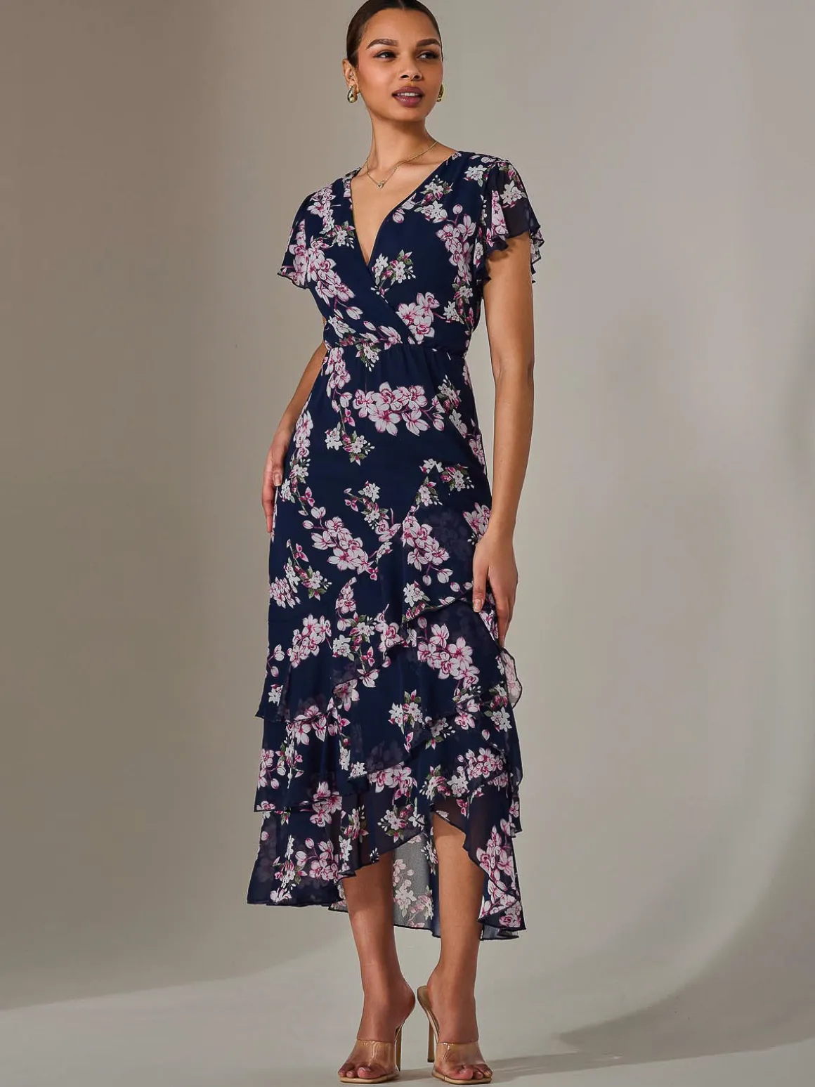 Printed Wrap Ruffle Maxi Dress, Navy Floral