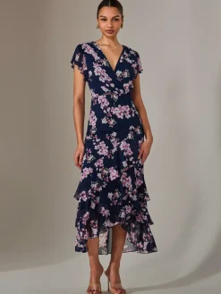 Printed Wrap Ruffle Maxi Dress, Navy Floral