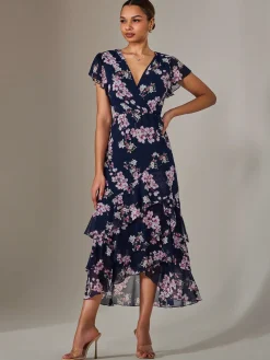 Printed Wrap Ruffle Maxi Dress, Navy Floral