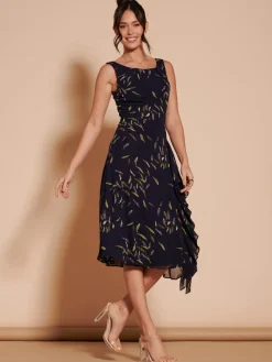 Print Frill Hem Chiffon Midi Dress, Navy Multi