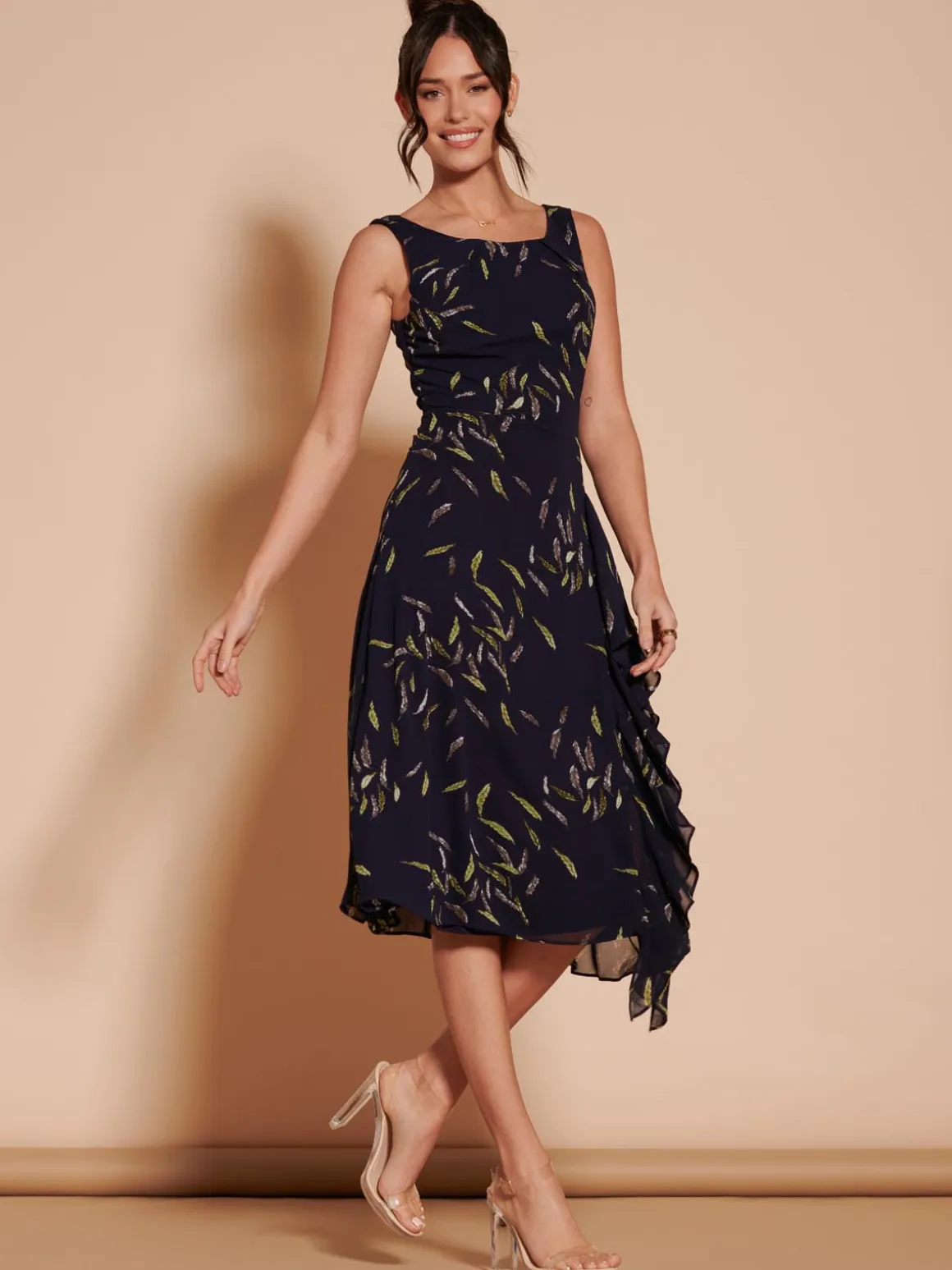 Print Frill Hem Chiffon Midi Dress, Navy Multi