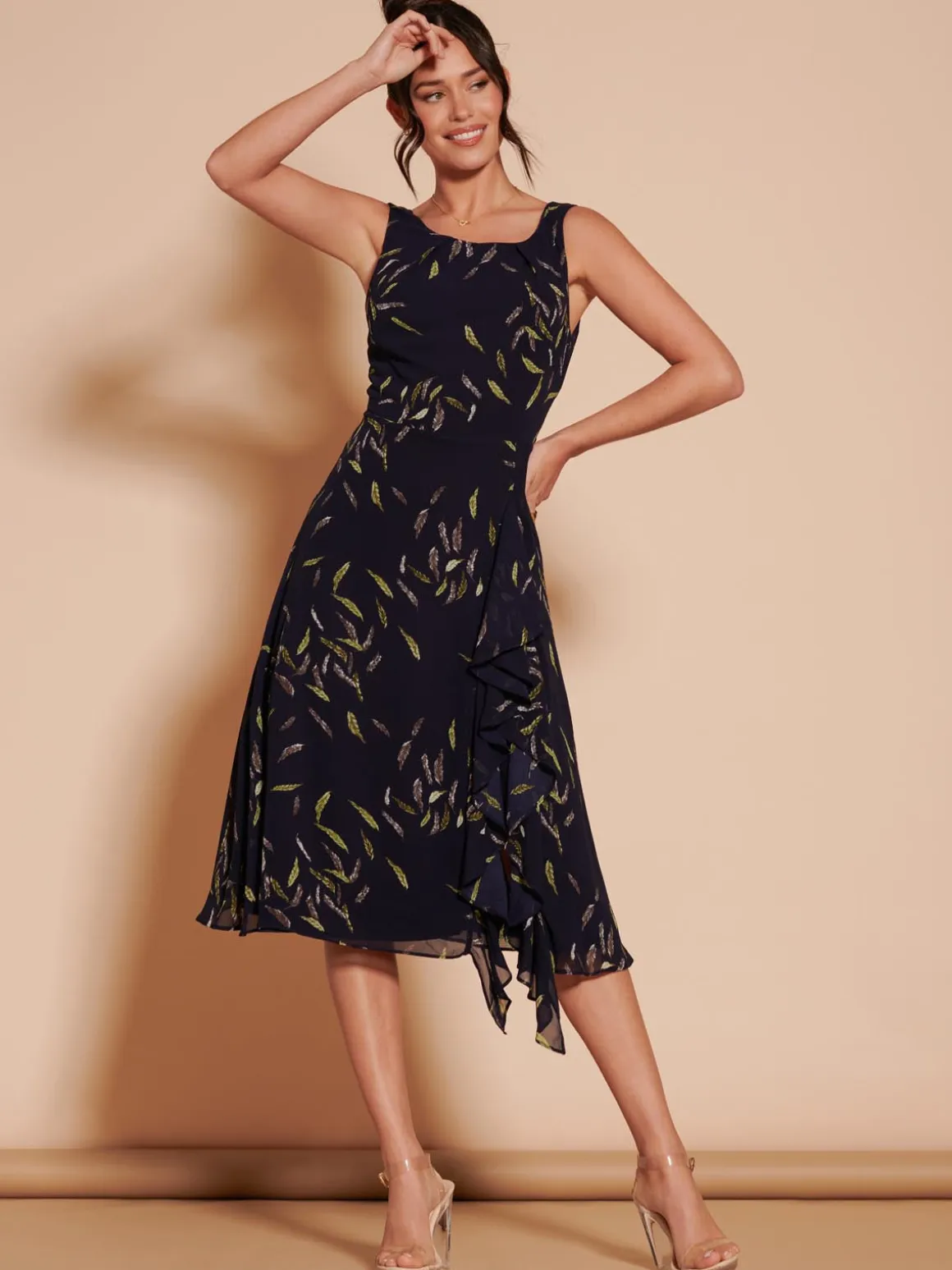 Print Frill Hem Chiffon Midi Dress, Navy Multi
