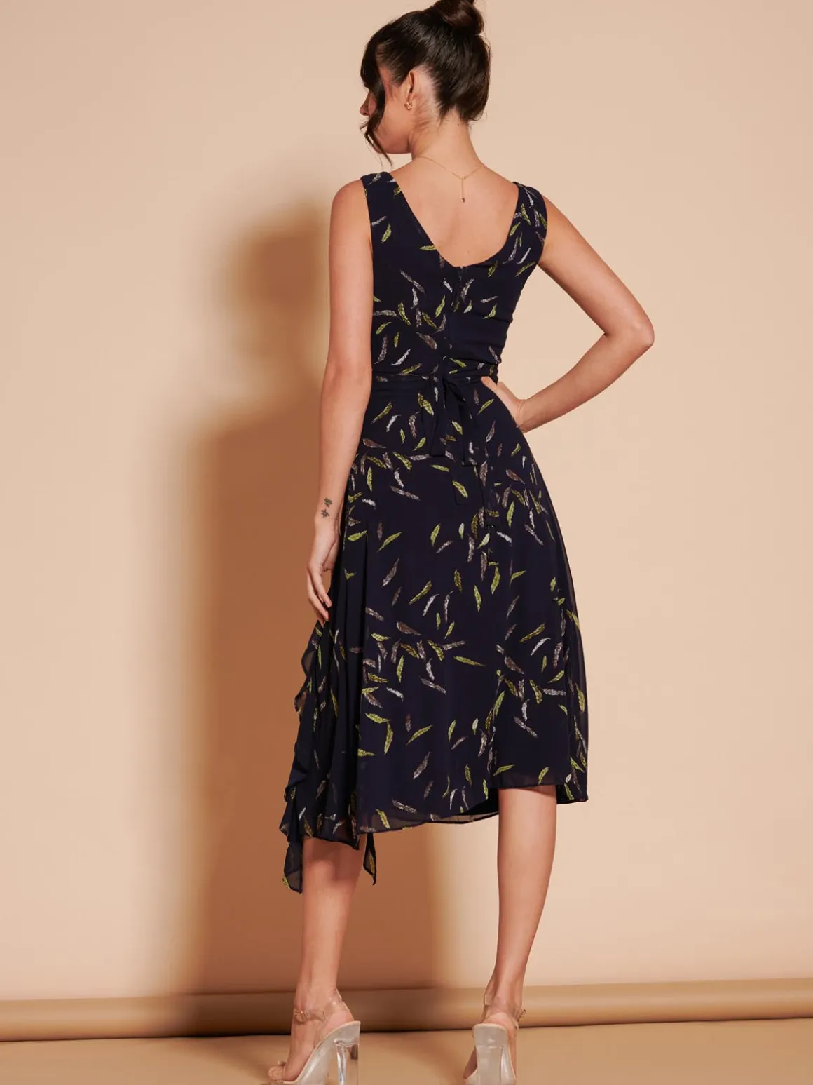 Print Frill Hem Chiffon Midi Dress, Navy Multi