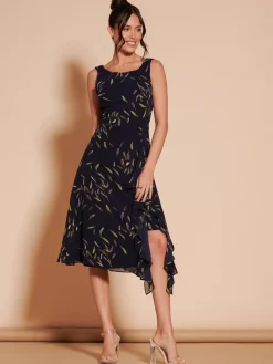 Print Frill Hem Chiffon Midi Dress, Navy Multi