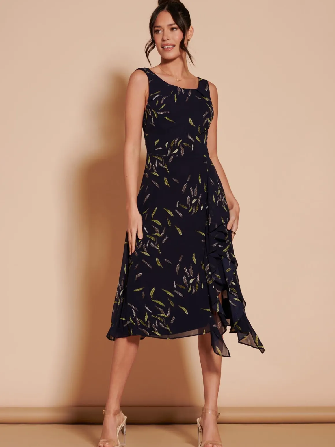 Print Frill Hem Chiffon Midi Dress, Navy Multi