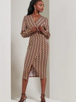 Print Long Sleeve Jersey Pencil Dress, Black Geo