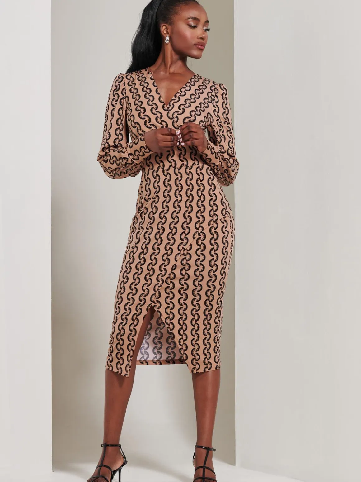 Print Long Sleeve Jersey Pencil Dress, Black Geo