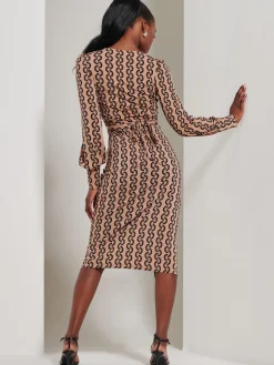 Print Long Sleeve Jersey Pencil Dress, Black Geo