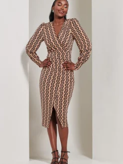 Print Long Sleeve Jersey Pencil Dress, Black Geo