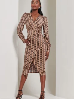 Print Long Sleeve Jersey Pencil Dress, Black Geo