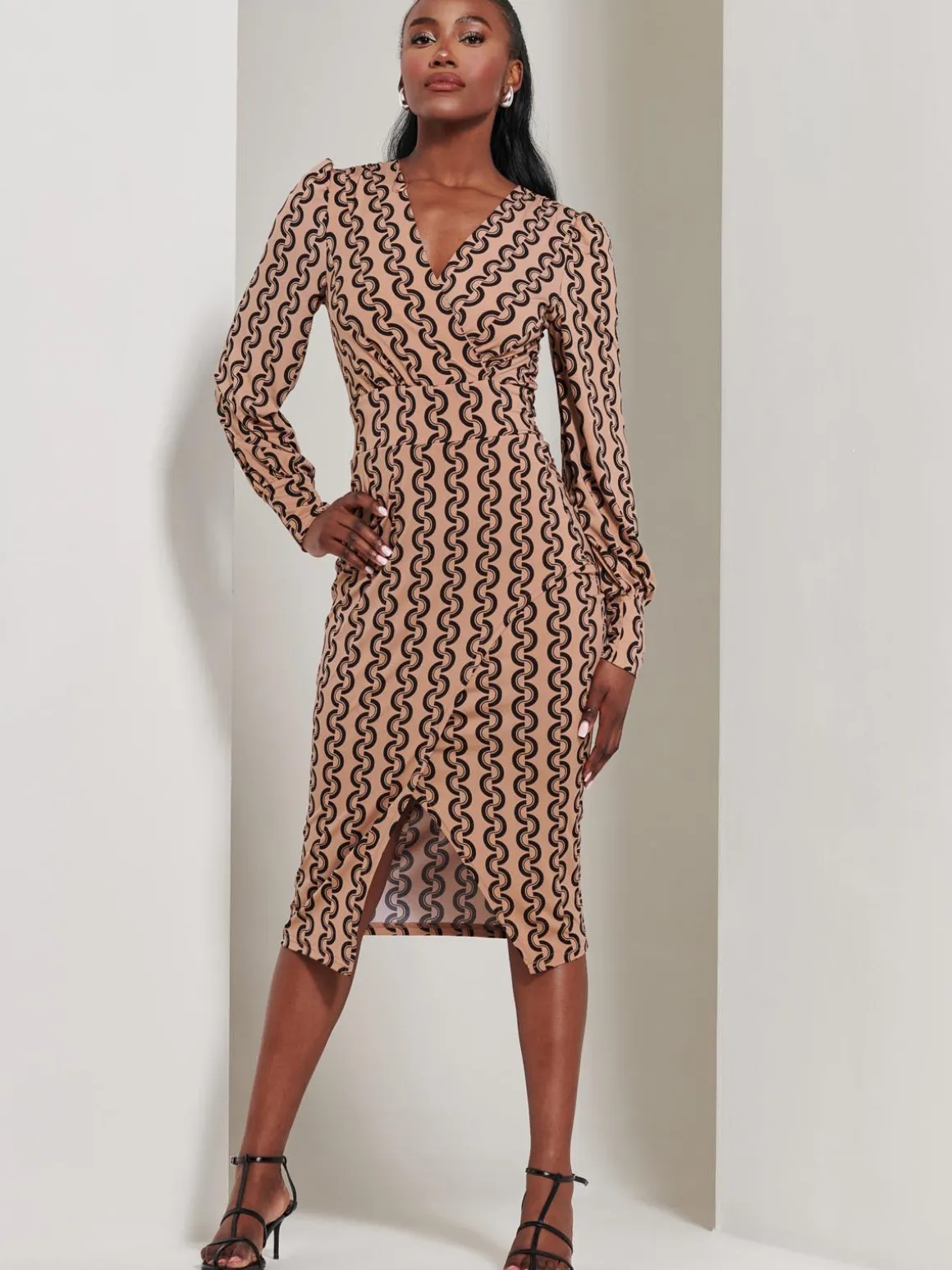 Print Long Sleeve Jersey Pencil Dress, Black Geo