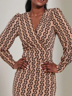 Print Long Sleeve Jersey Pencil Dress, Black Geo