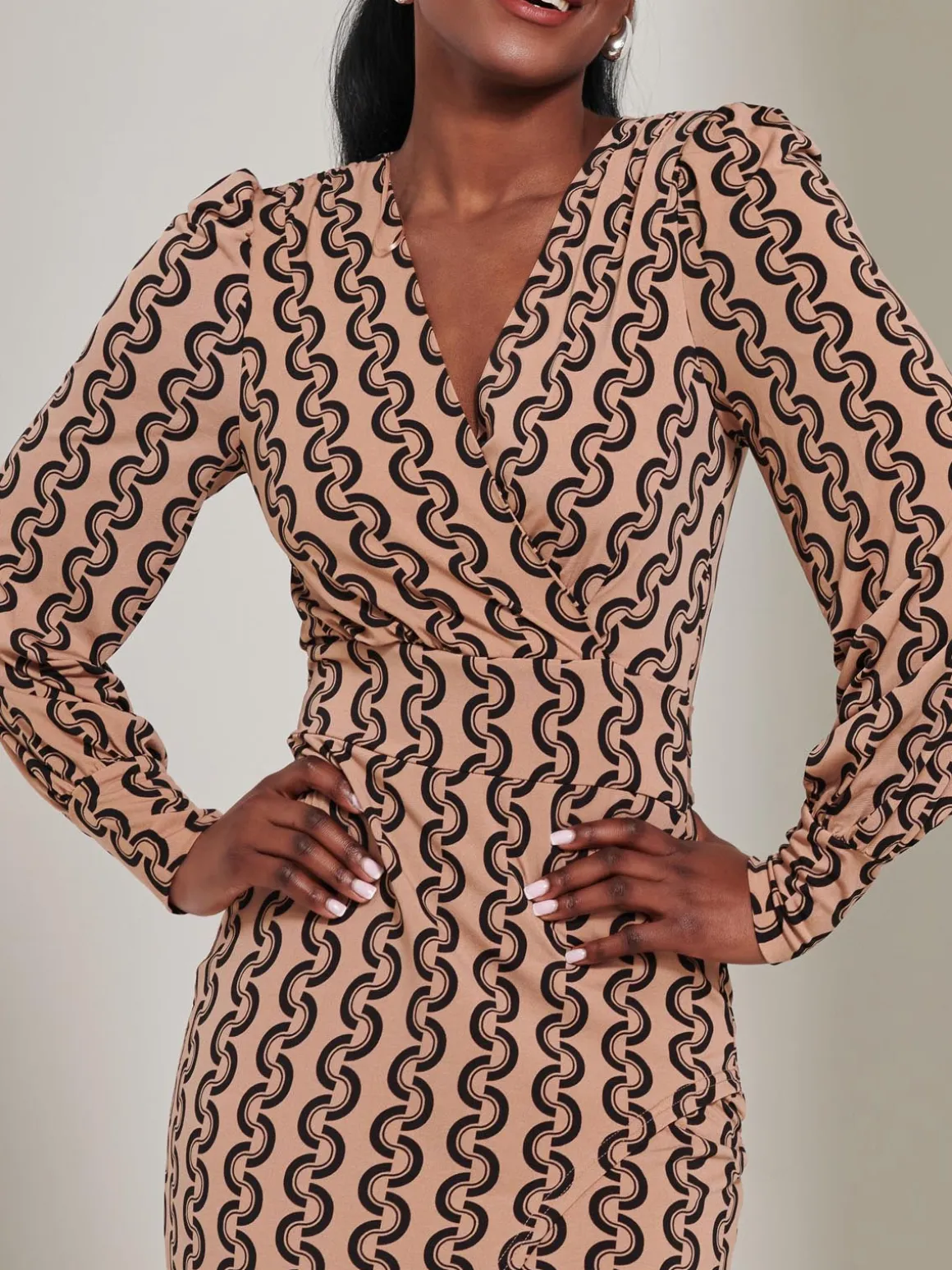 Print Long Sleeve Jersey Pencil Dress, Black Geo