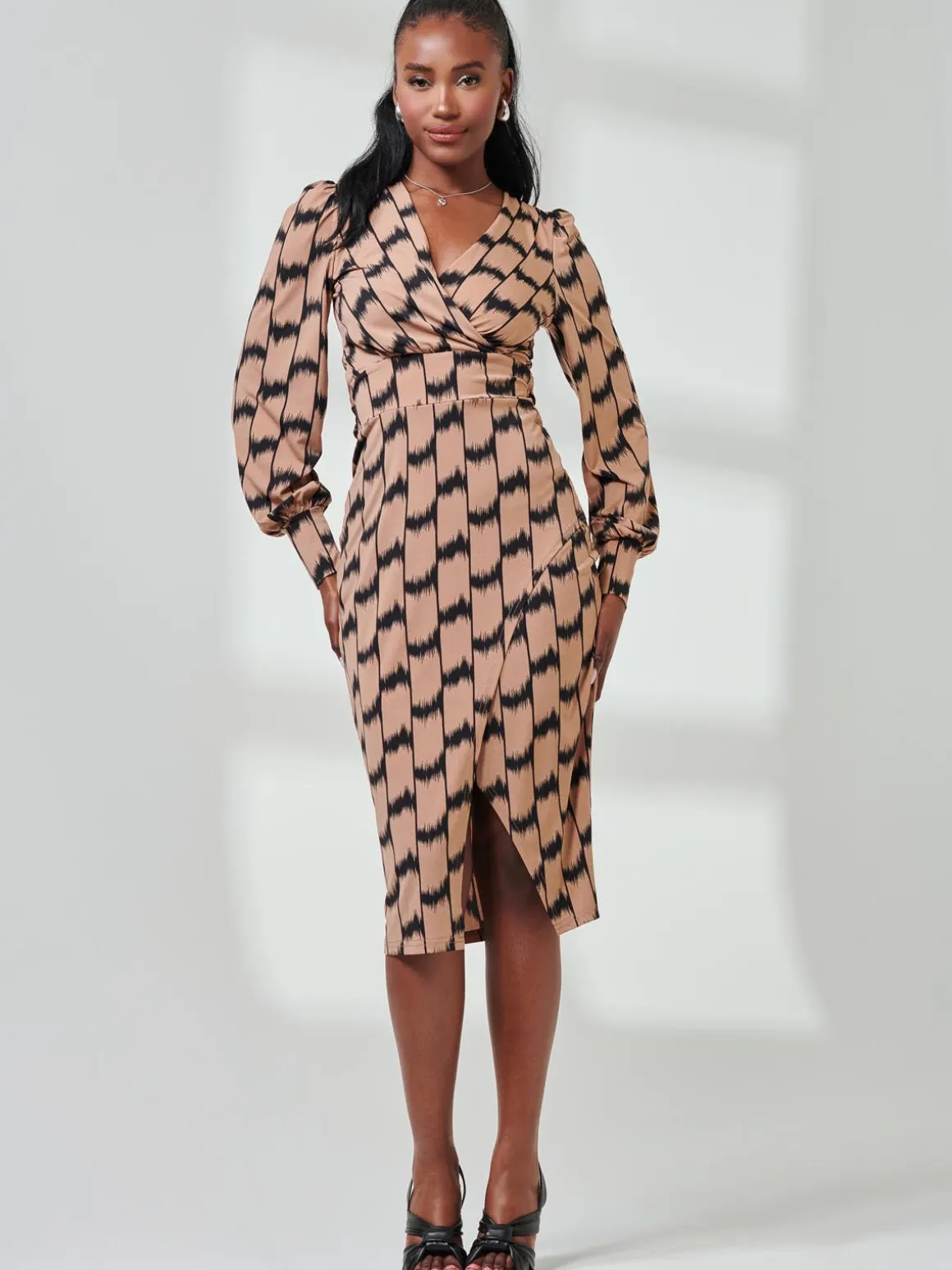 Print Long Sleeve Jersey Pencil Dress, Black/Stone