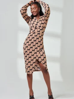 Print Long Sleeve Jersey Pencil Dress, Black/Stone