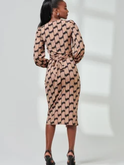 Print Long Sleeve Jersey Pencil Dress, Black/Stone