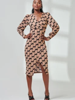 Print Long Sleeve Jersey Pencil Dress, Black/Stone