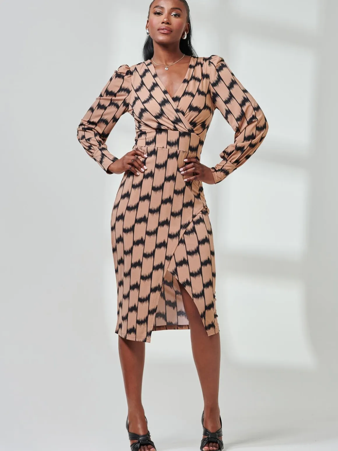 Print Long Sleeve Jersey Pencil Dress, Black/Stone