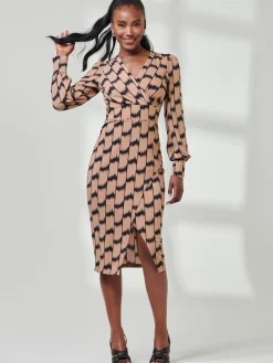 Print Long Sleeve Jersey Pencil Dress, Black/Stone
