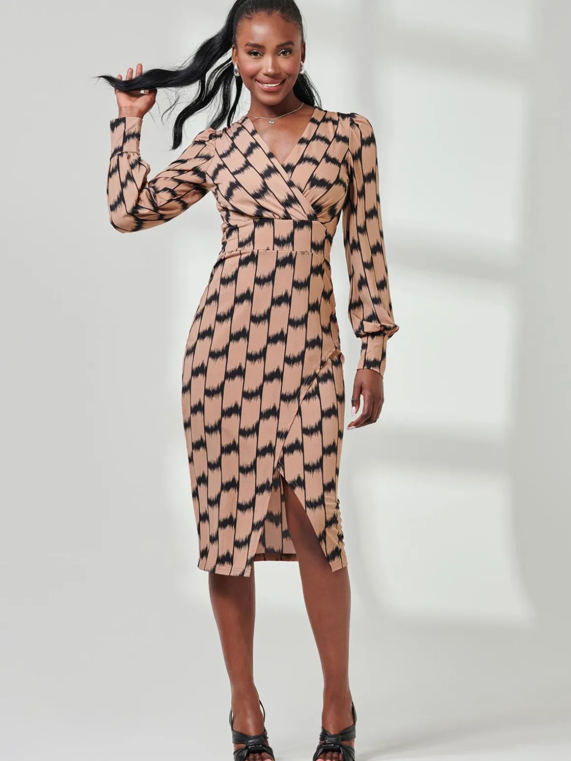 Print Long Sleeve Jersey Pencil Dress, Black/Stone