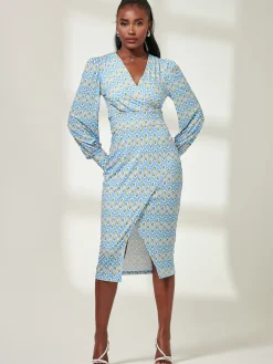Print Long Sleeve Jersey Pencil Dress, Blue Geo