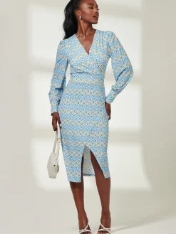 Print Long Sleeve Jersey Pencil Dress, Blue Geo