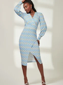 Print Long Sleeve Jersey Pencil Dress, Blue Geo