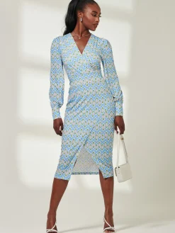 Print Long Sleeve Jersey Pencil Dress, Blue Geo