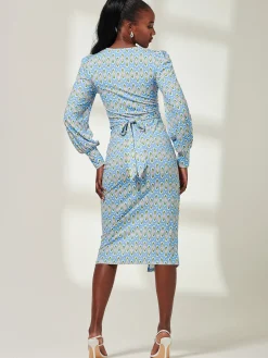 Print Long Sleeve Jersey Pencil Dress, Blue Geo