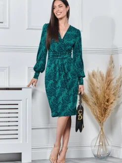 Print Long Sleeve Jersey Work Dress, Green Animal