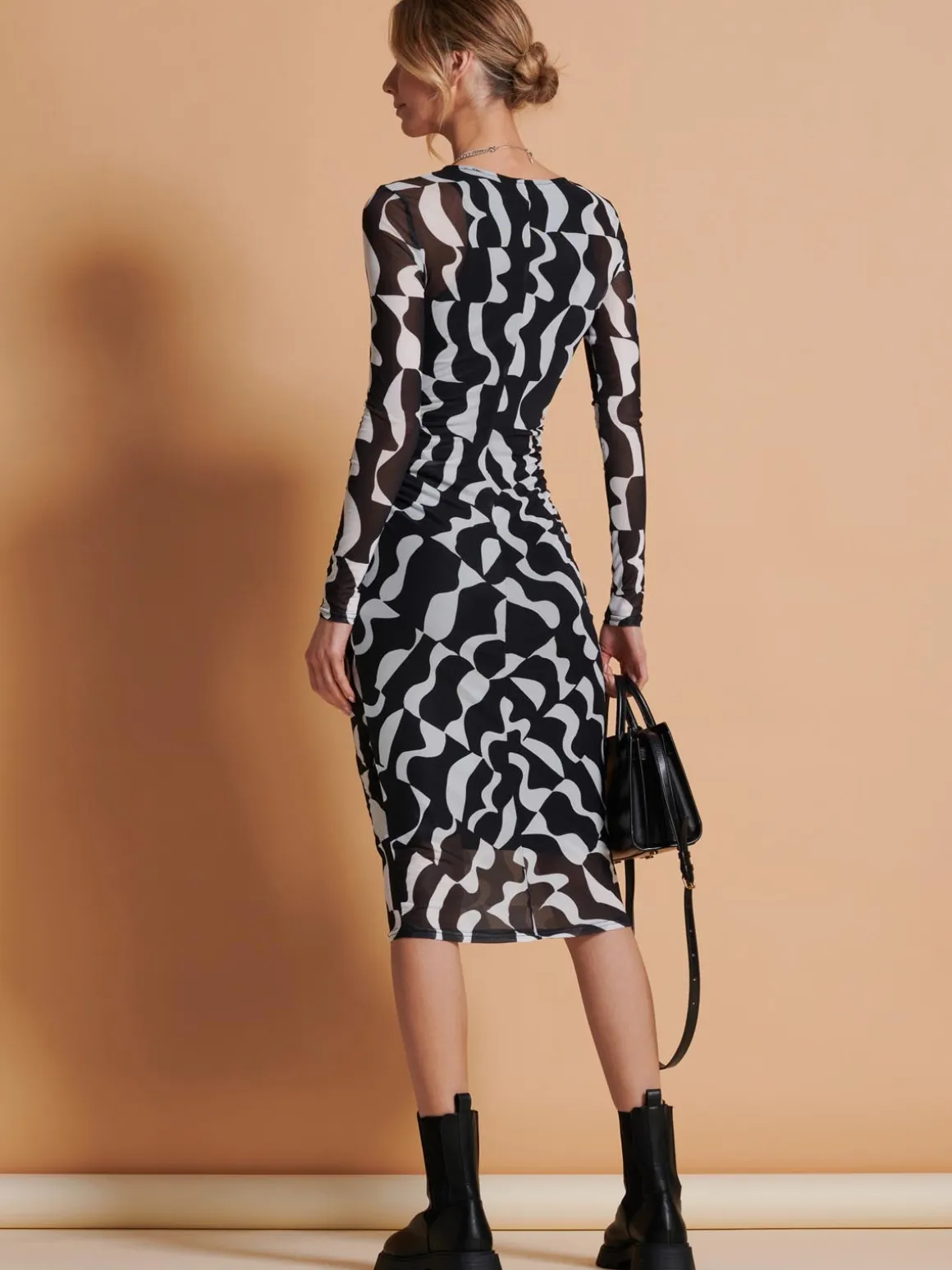 Print Long Sleeve Mesh Bodycon Dress, Black Pattern