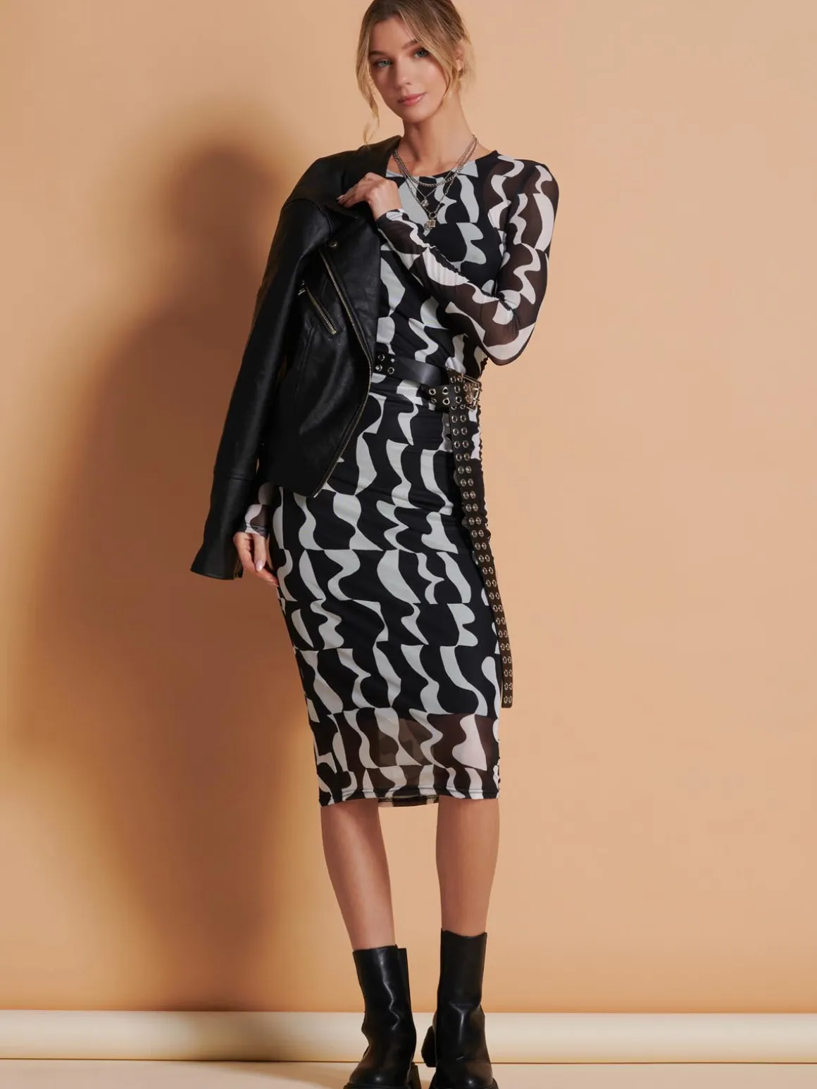 Print Long Sleeve Mesh Bodycon Dress, Black Pattern