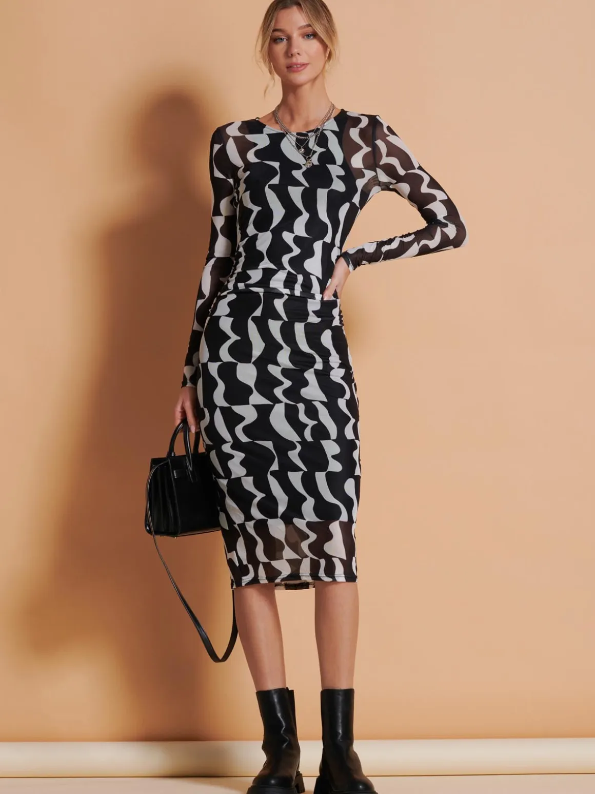 Print Long Sleeve Mesh Bodycon Dress, Black Pattern
