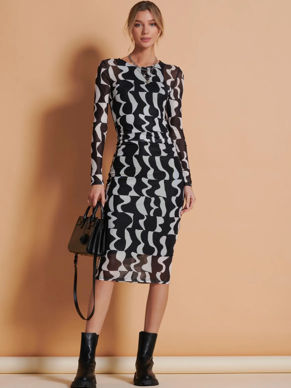 Print Long Sleeve Mesh Bodycon Dress, Black Pattern