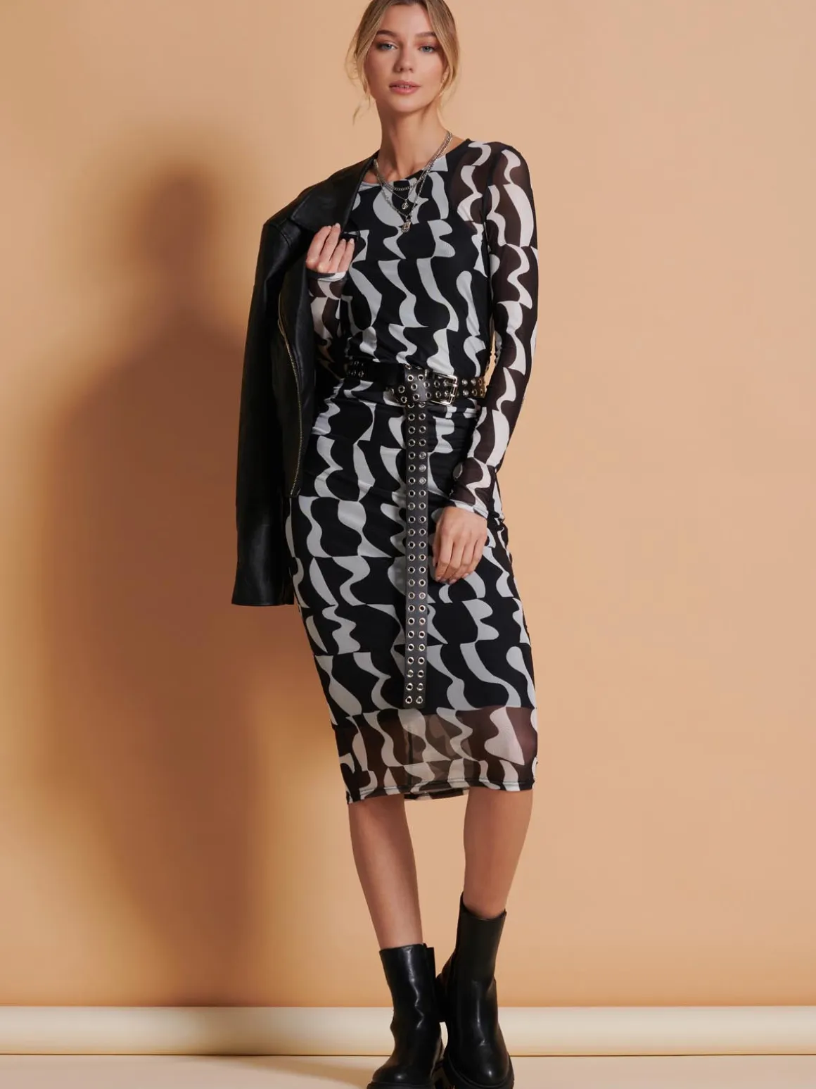 Print Long Sleeve Mesh Bodycon Dress, Black Pattern