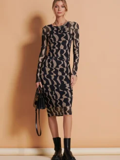 Print Long Sleeve Mesh Bodycon Dress, Brown Pattern
