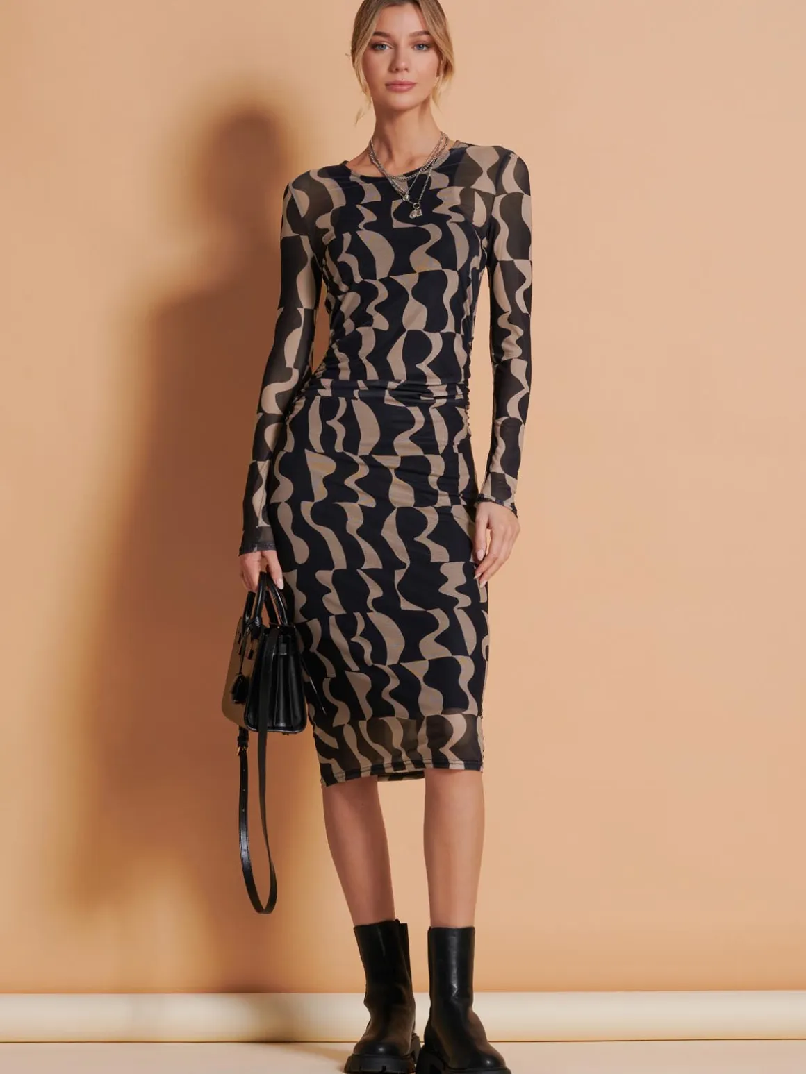 Print Long Sleeve Mesh Bodycon Dress, Brown Pattern