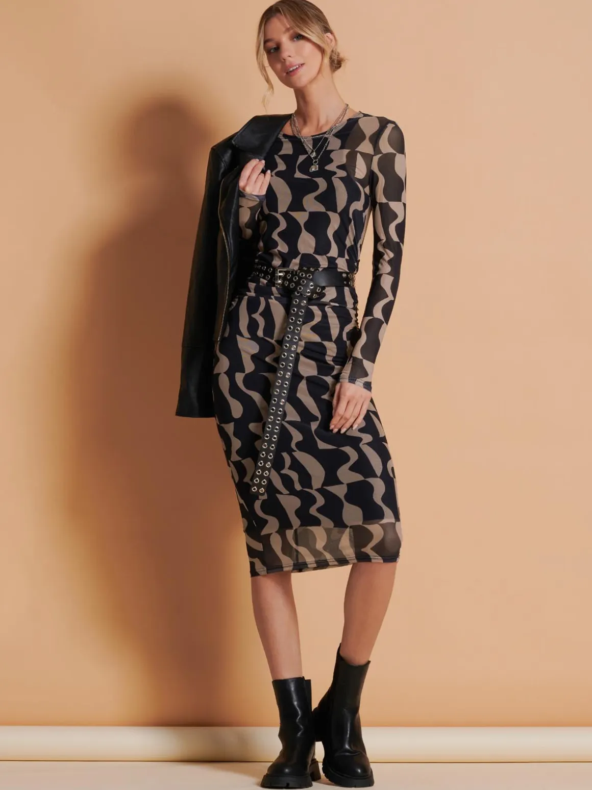 Print Long Sleeve Mesh Bodycon Dress, Brown Pattern