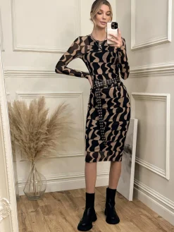 Print Long Sleeve Mesh Bodycon Dress, Brown Pattern
