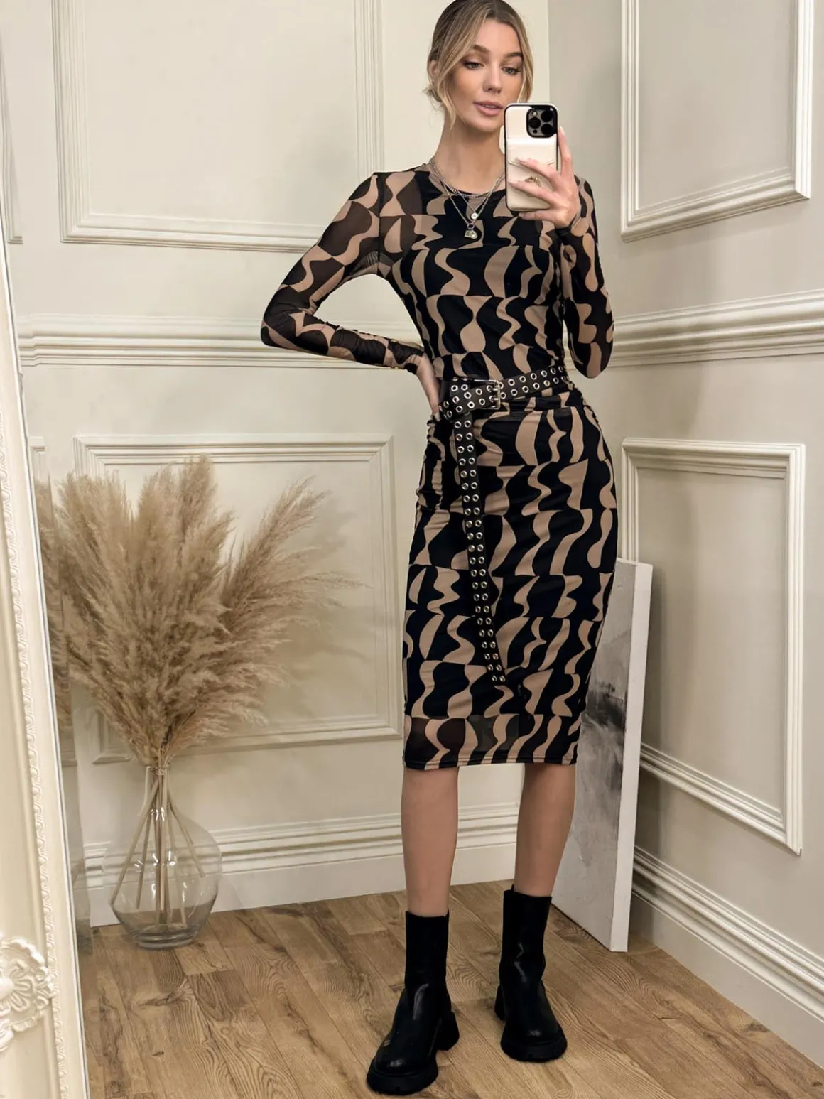 Print Long Sleeve Mesh Bodycon Dress, Brown Pattern