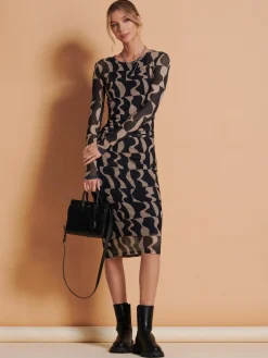 Print Long Sleeve Mesh Bodycon Dress, Brown Pattern