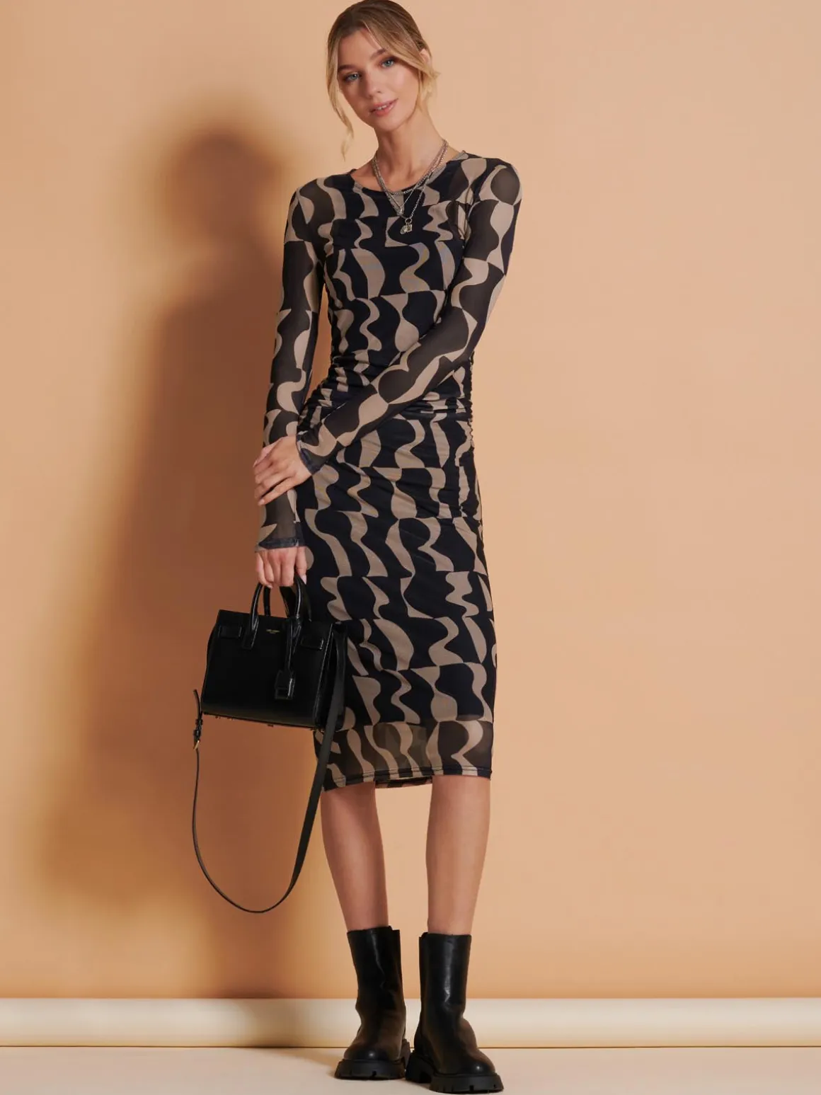Print Long Sleeve Mesh Bodycon Dress, Brown Pattern